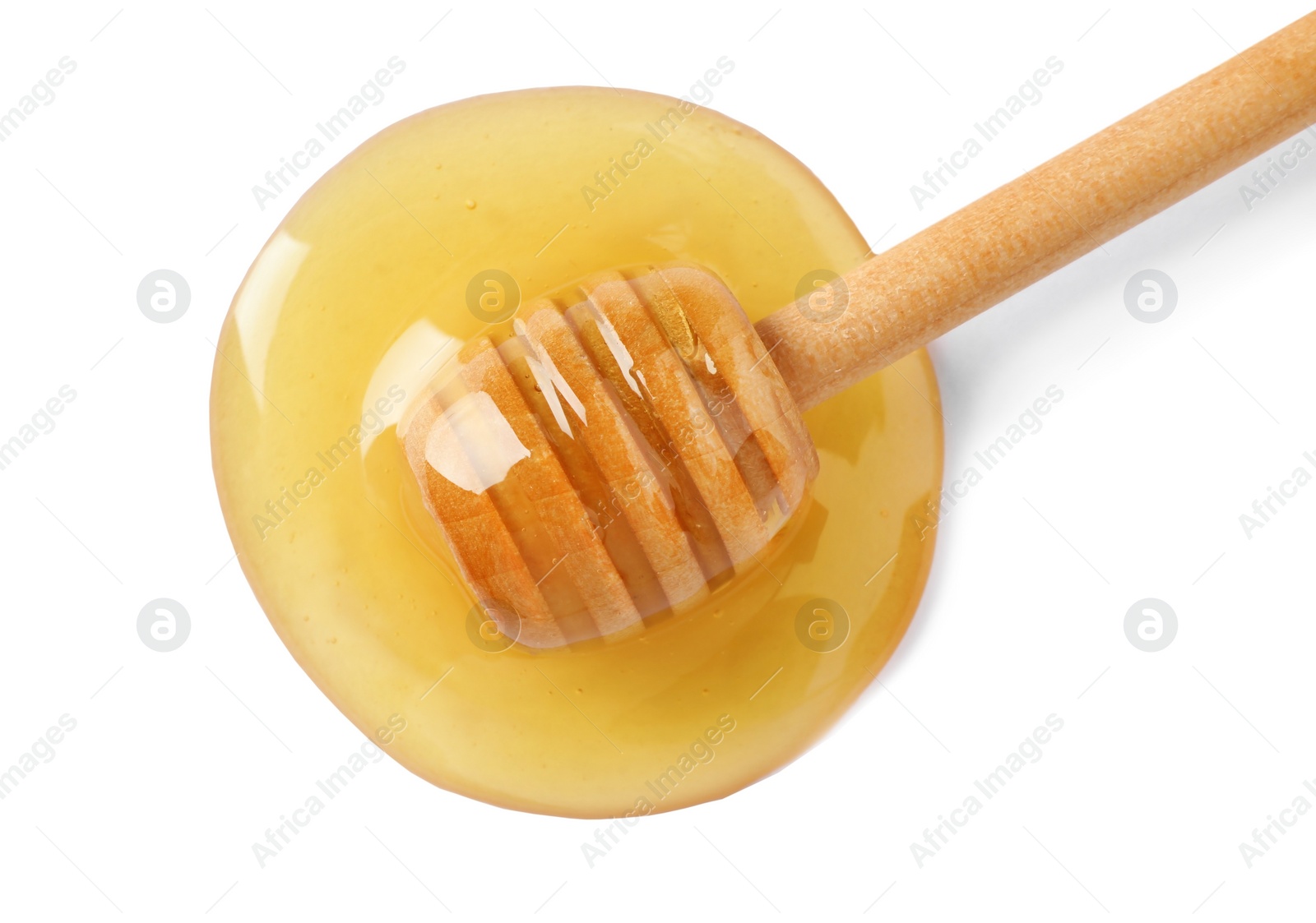 Photo of Delicious honey and dipper on white background, top view