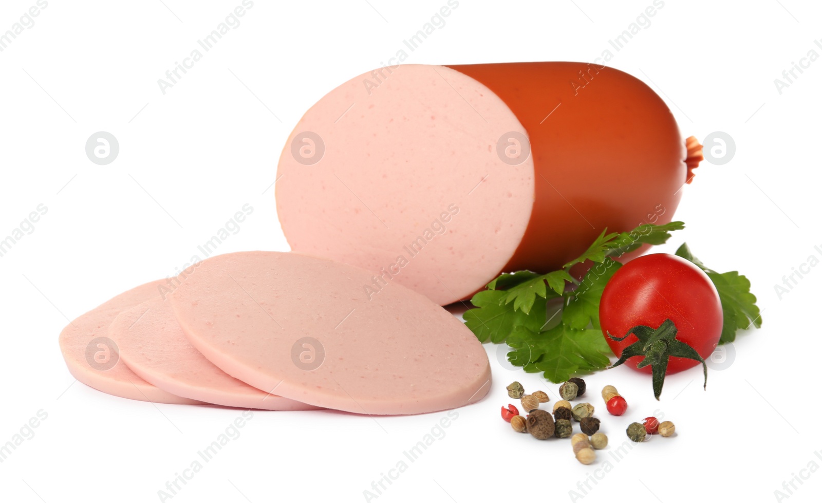 Photo of Tasty boiled sausage with tomato, parsley and peppercorns on white background
