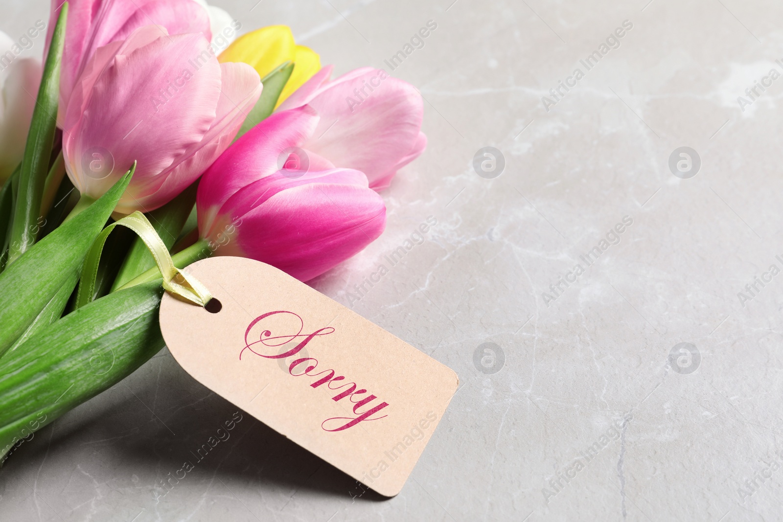 Image of Word Sorry written on label and bouquet of tulips on light grey marble table, closeup. Space for text