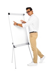 Photo of Professional business trainer near flip chart on white background