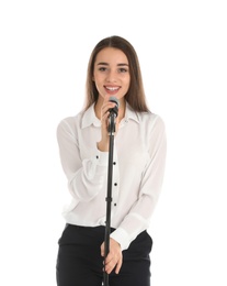 Photo of Young stylish woman with microphone on white background