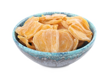 Photo of Sweet dried jackfruit slices in bowl on white background