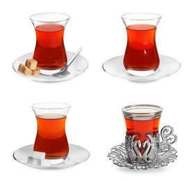 Image of Set with glasses of traditional Turkish tea on white background. Banner design