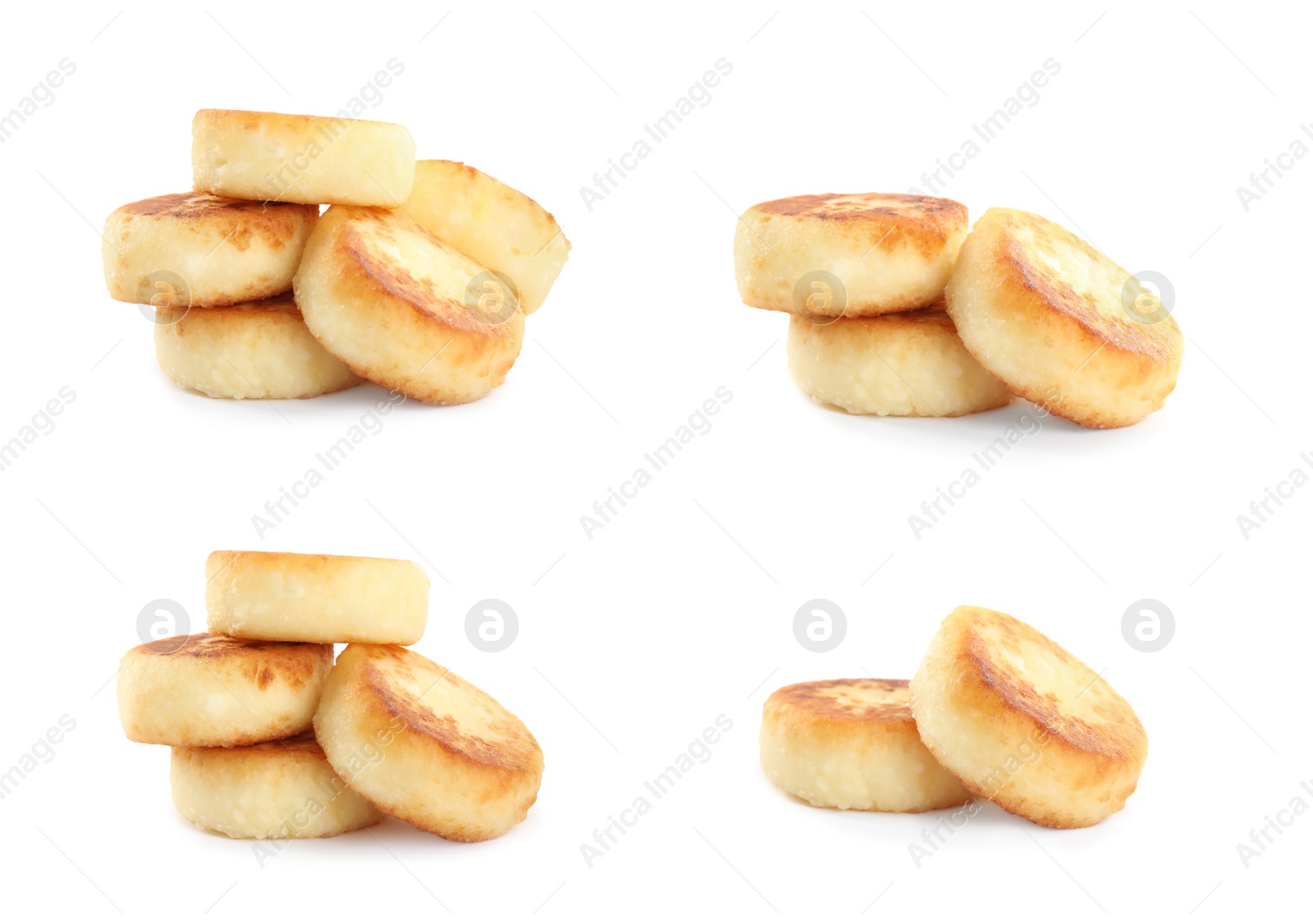 Image of Set with delicious cottage cheese pancakes on white background