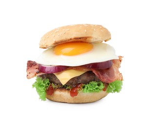 Photo of Delicious burger with fried egg isolated on white