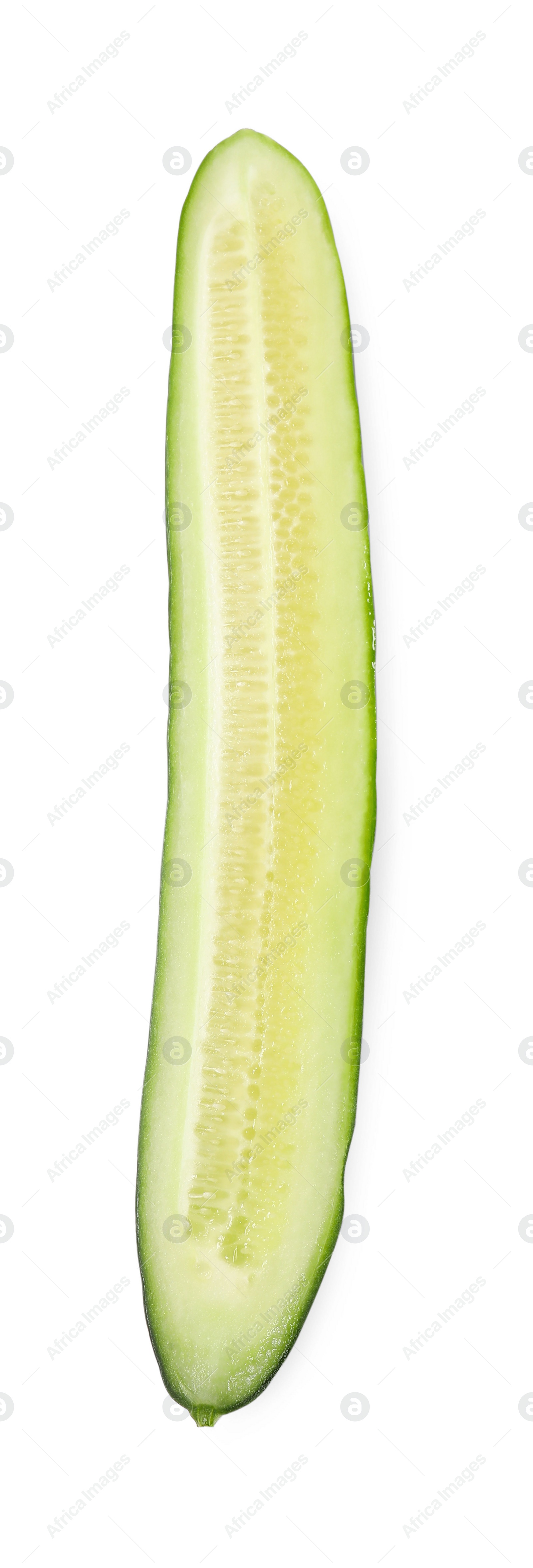 Photo of Piece of fresh cucumber isolated on white, top view