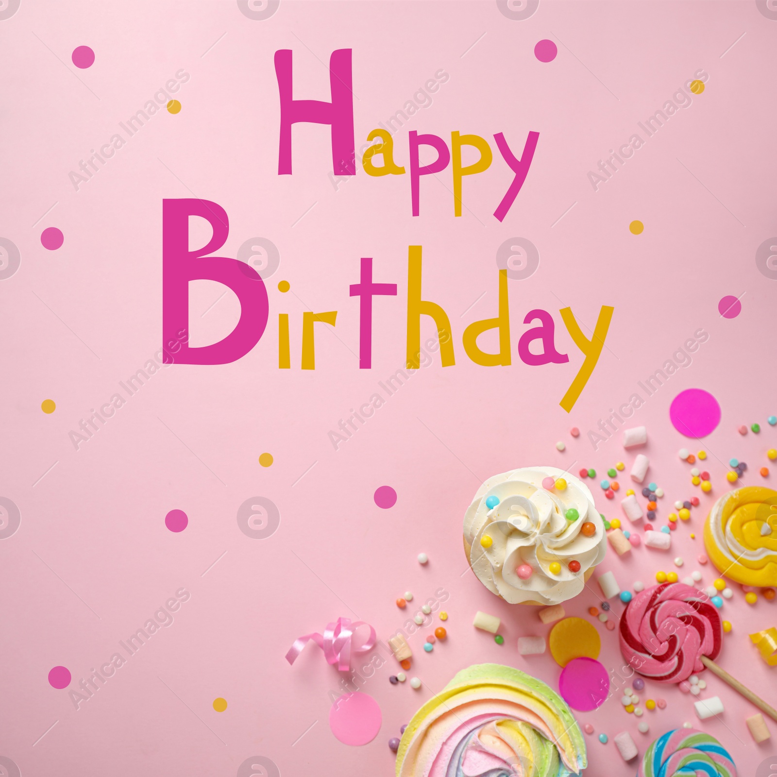 Image of Flat lay composition with delicious cupcake and text Happy Birthday on pink background