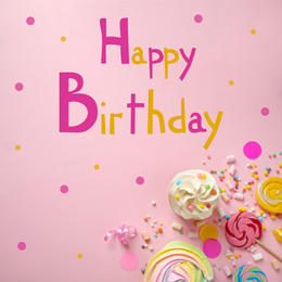 Image of Flat lay composition with delicious cupcake and text Happy Birthday on pink background