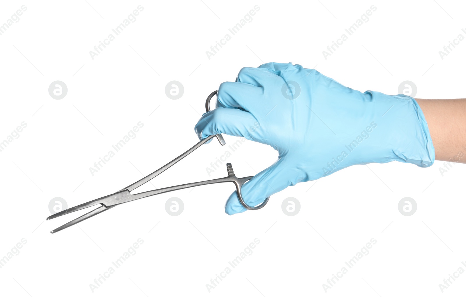 Photo of Doctor in sterile glove holding medical clamp on white background