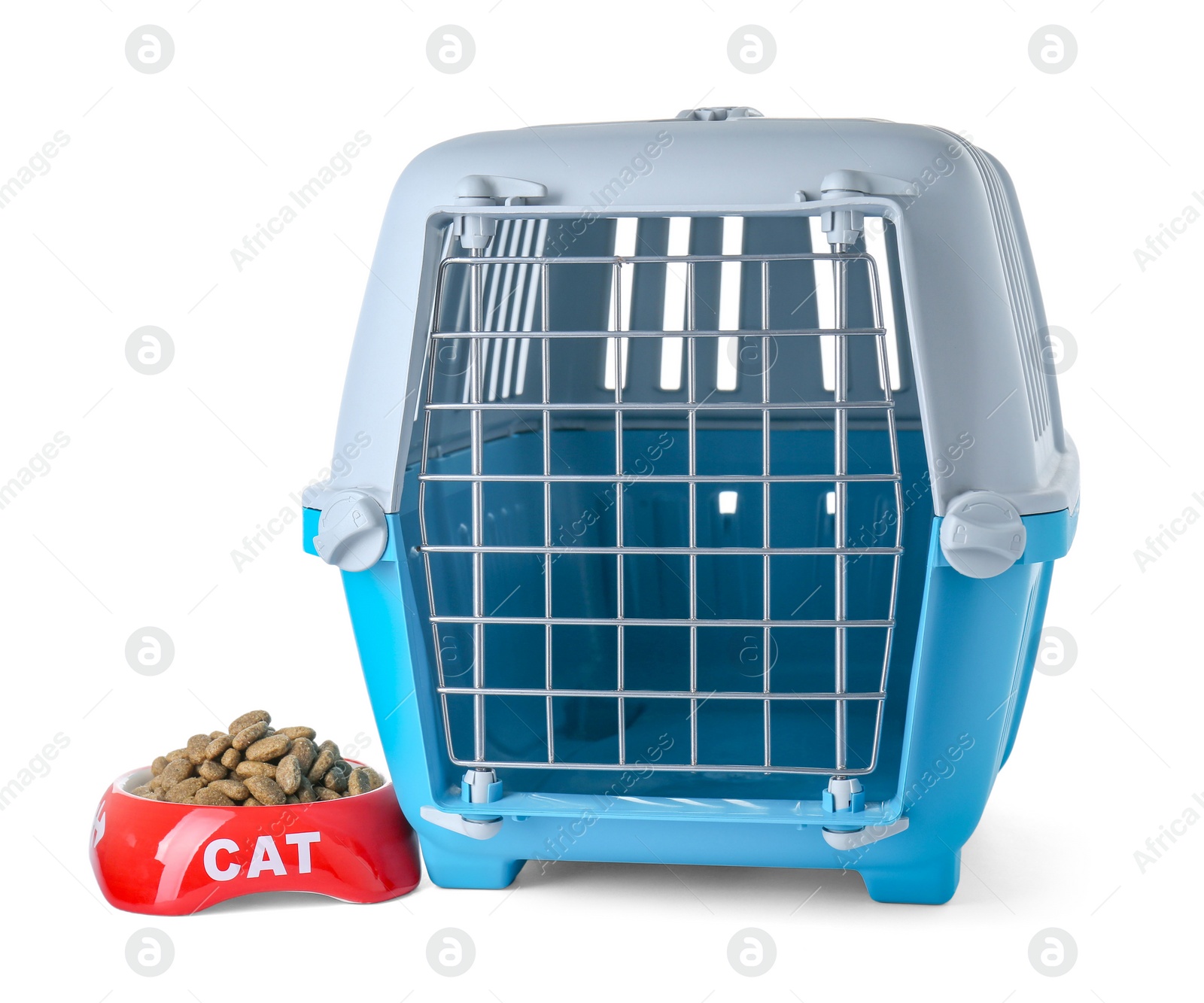 Photo of Light blue pet carrier and bowl of dry food isolated on white