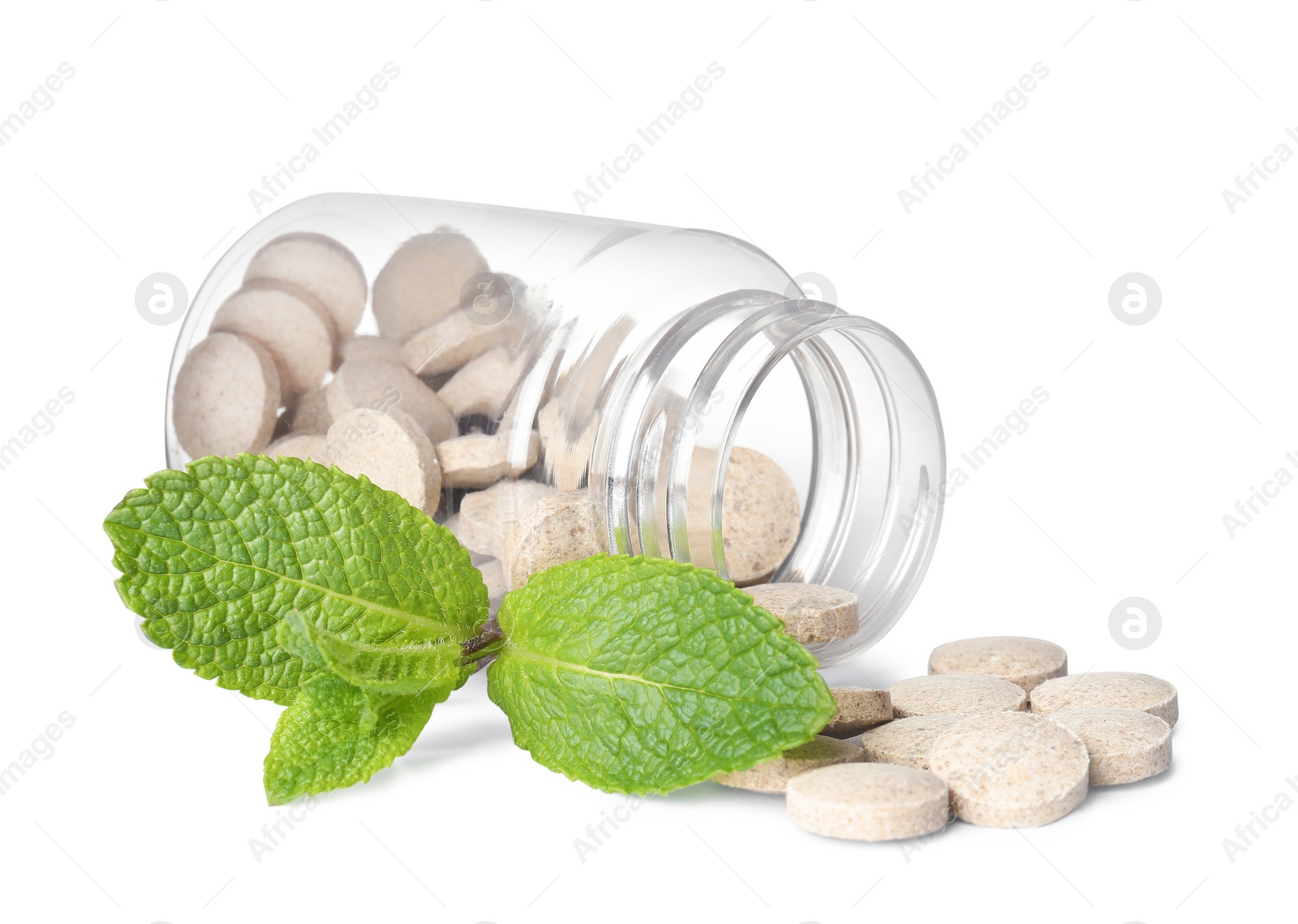 Photo of Bottle with vitamin pills and mint on white background