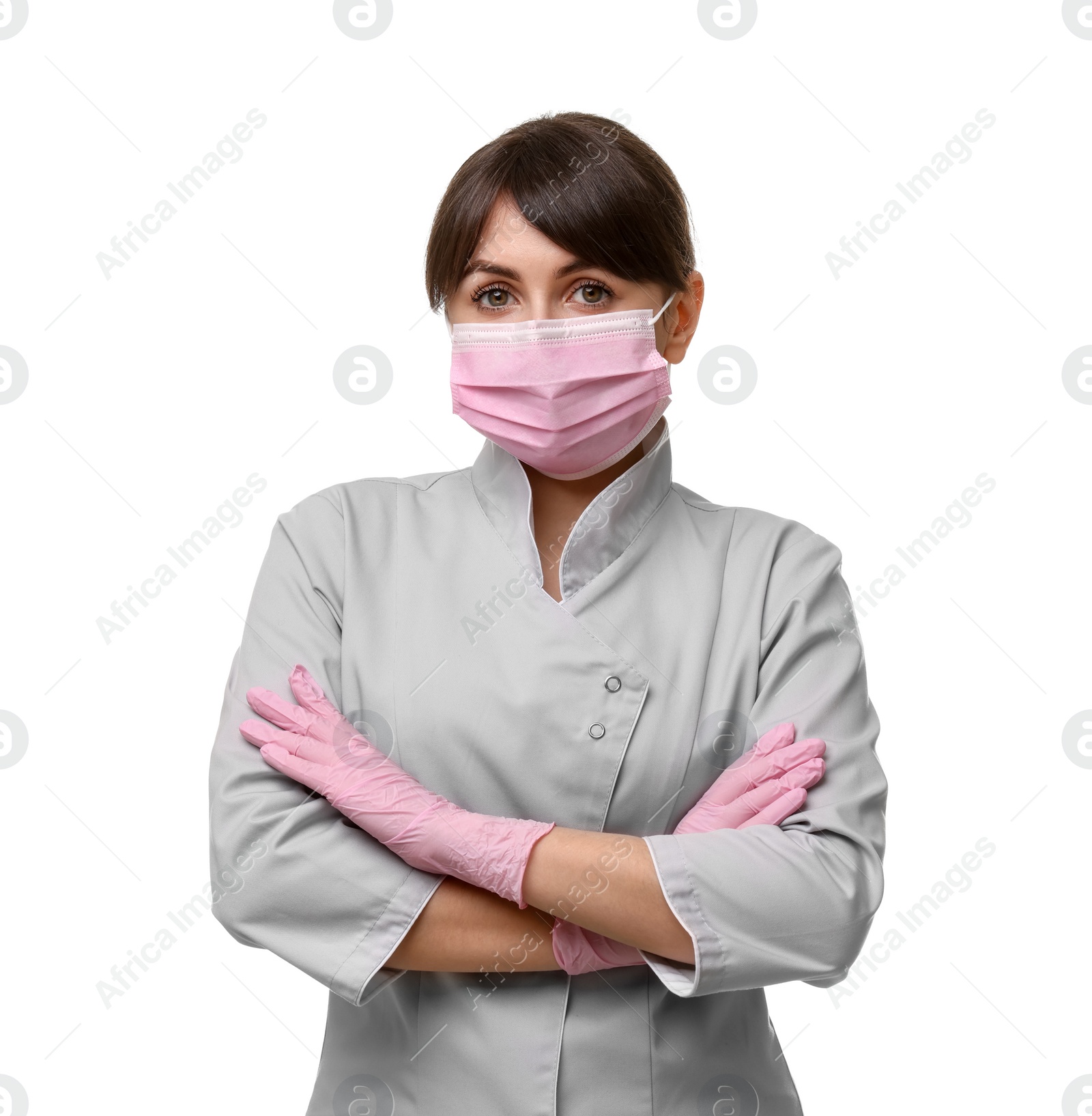 Photo of Cosmetologist in medical uniform on white background