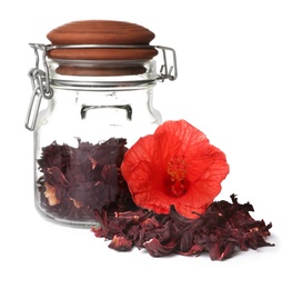 Photo of Dry hibiscus tea in glass jar and beautiful flower on white background