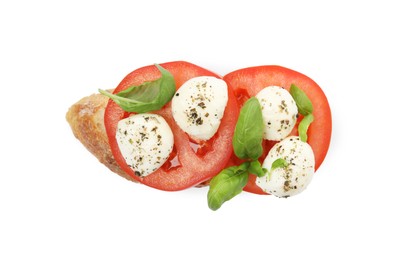 Photo of Delicious sandwich with mozzarella, fresh tomato and basil isolated on white, top view