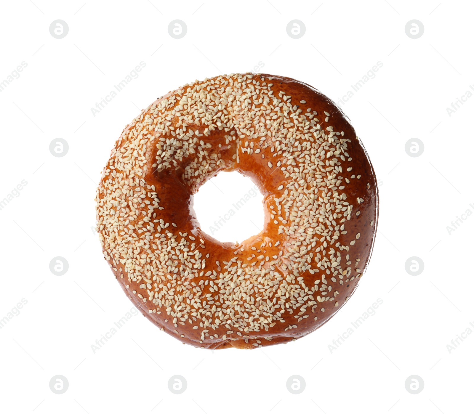 Photo of Delicious fresh bagel with sesame seeds isolated on white