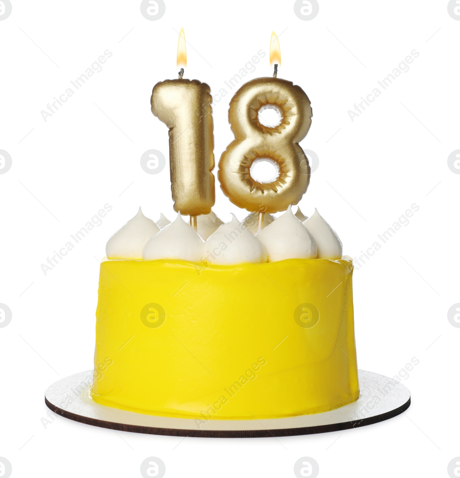 Photo of 18th birthday. Delicious cake with number shaped candles for coming of age party isolated on white