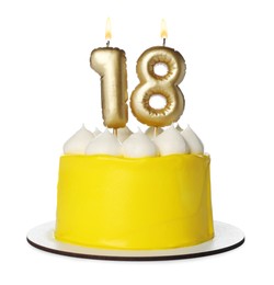 18th birthday. Delicious cake with number shaped candles for coming of age party isolated on white