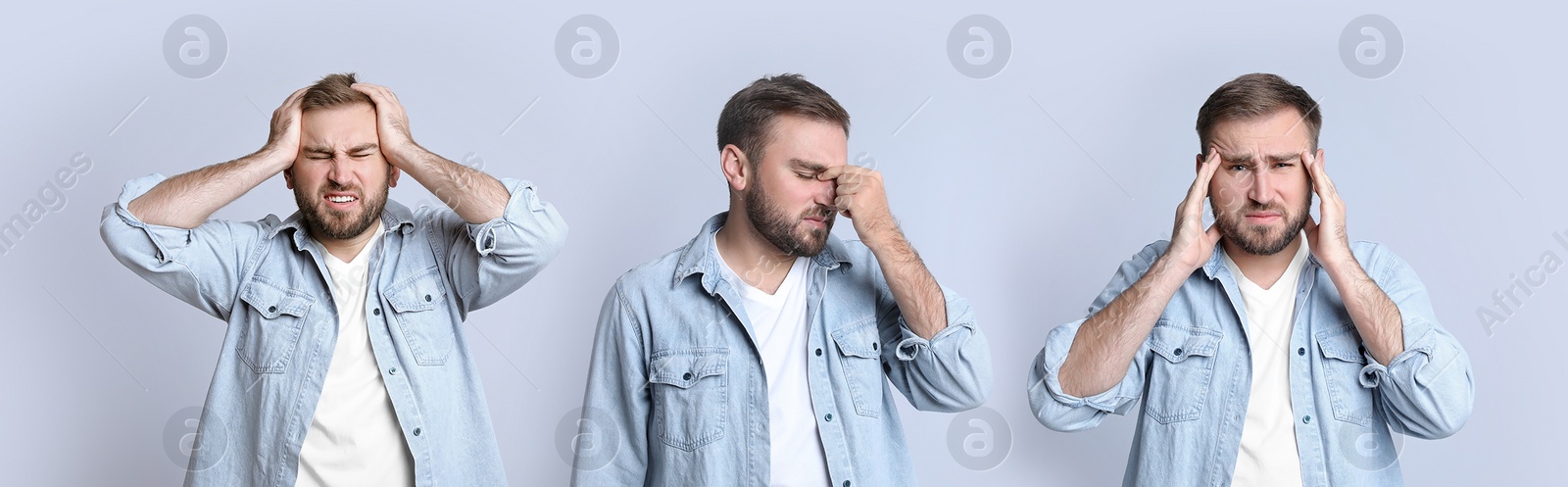 Image of Collage with photos of young man suffering from headache on light grey background. Banner design