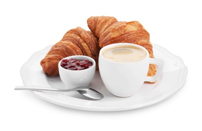 Photo of Tasty breakfast. Cup of coffee, jam and fresh croissants isolated on white