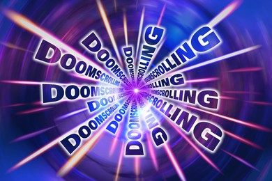 Illustration of Doomscrolling concept. Words bursting out of bright background
