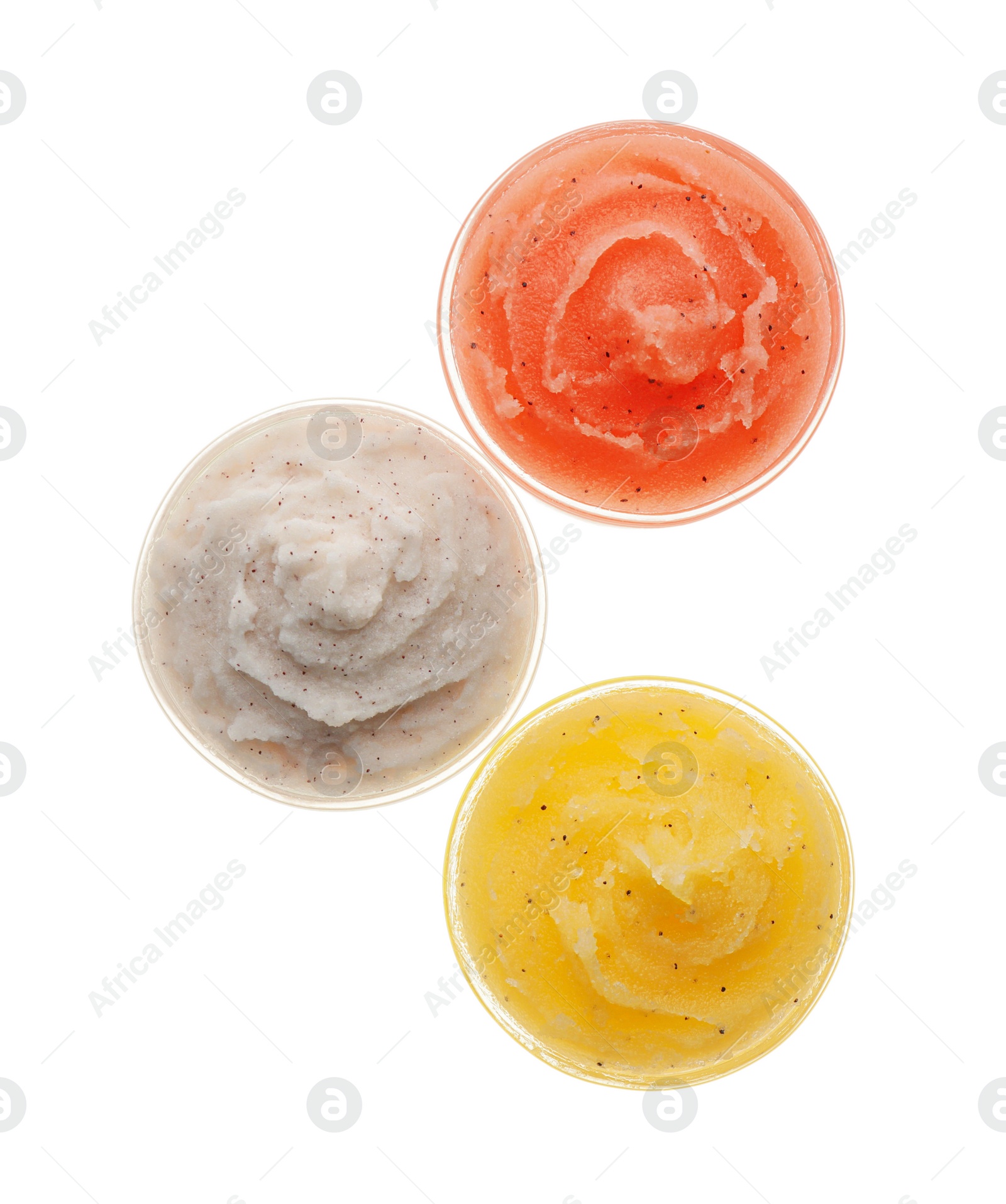 Photo of Different body scrubs in bowls on white background, top view