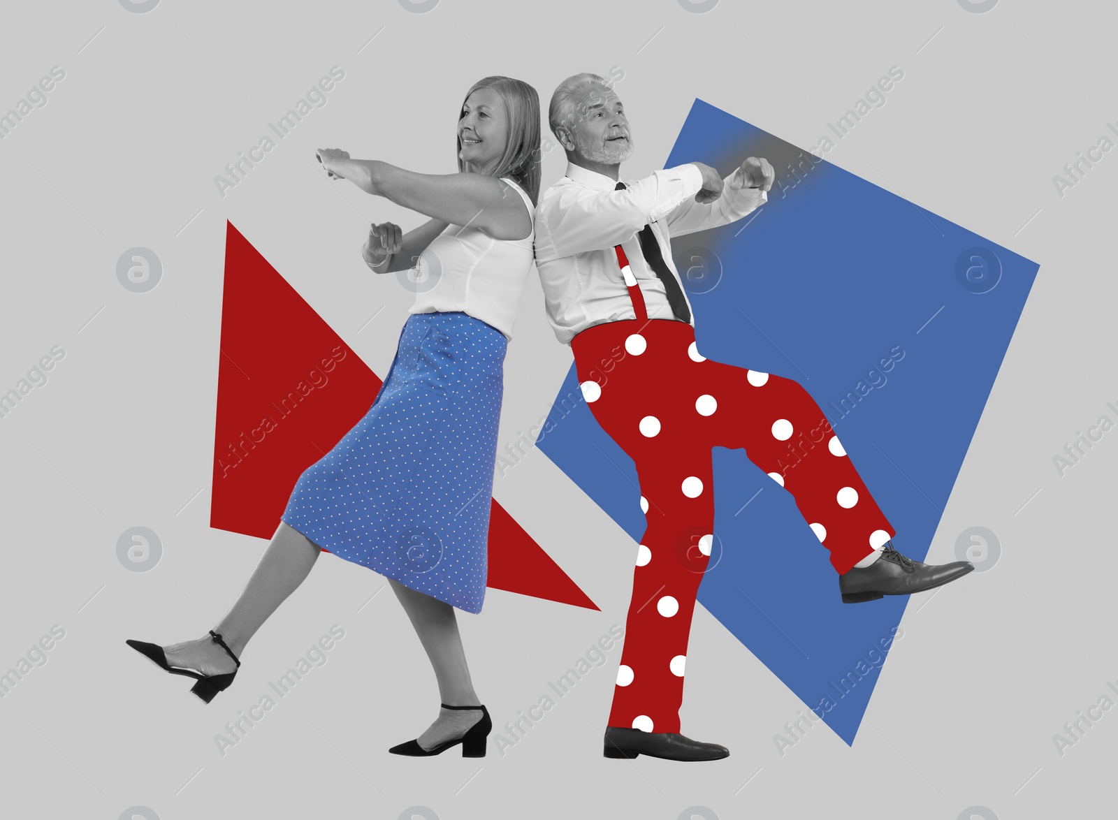 Image of Happy couple dancing on bright background. Creative collage with stylish mature man and woman. Concept of music, energy, party, fashion, lifestyle