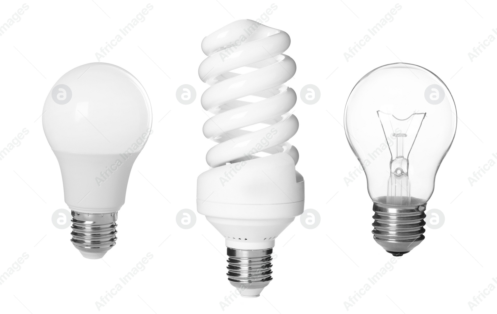 Image of Comparison of different light bulbs on white background, collage