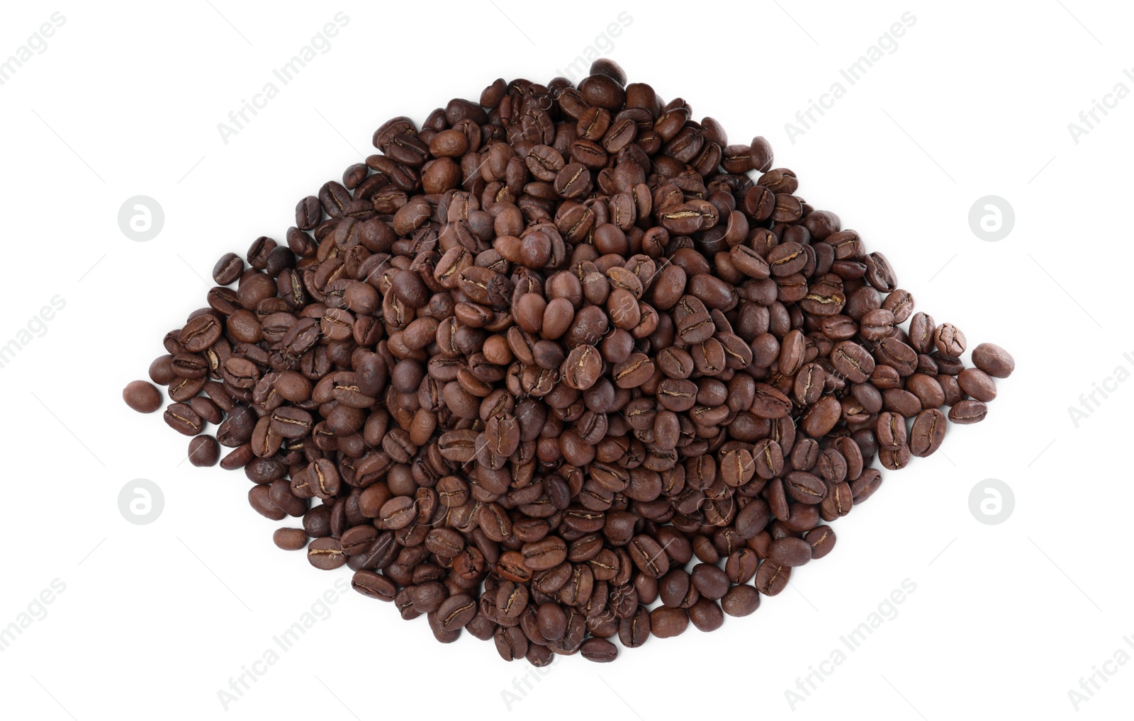 Photo of Pile of roasted coffee beans on white background, top view