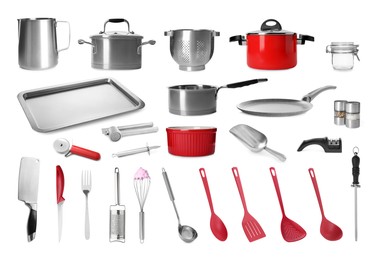 Image of Set with different kitchenware on white background 