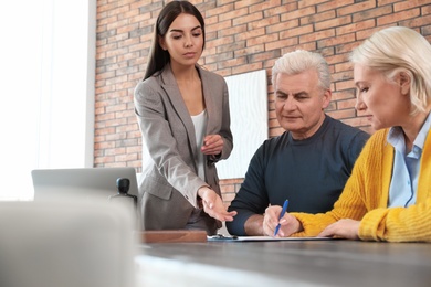 Female notary working with mature couple in office