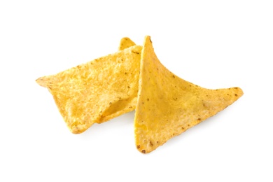 Tasty Mexican nachos chips on white background