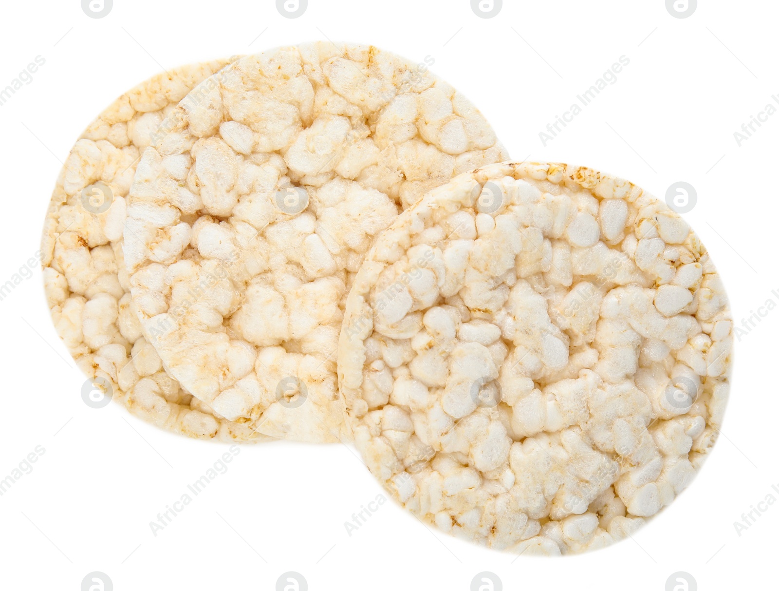 Photo of Puffed rice cakes isolated on white, top view. Healthy snack