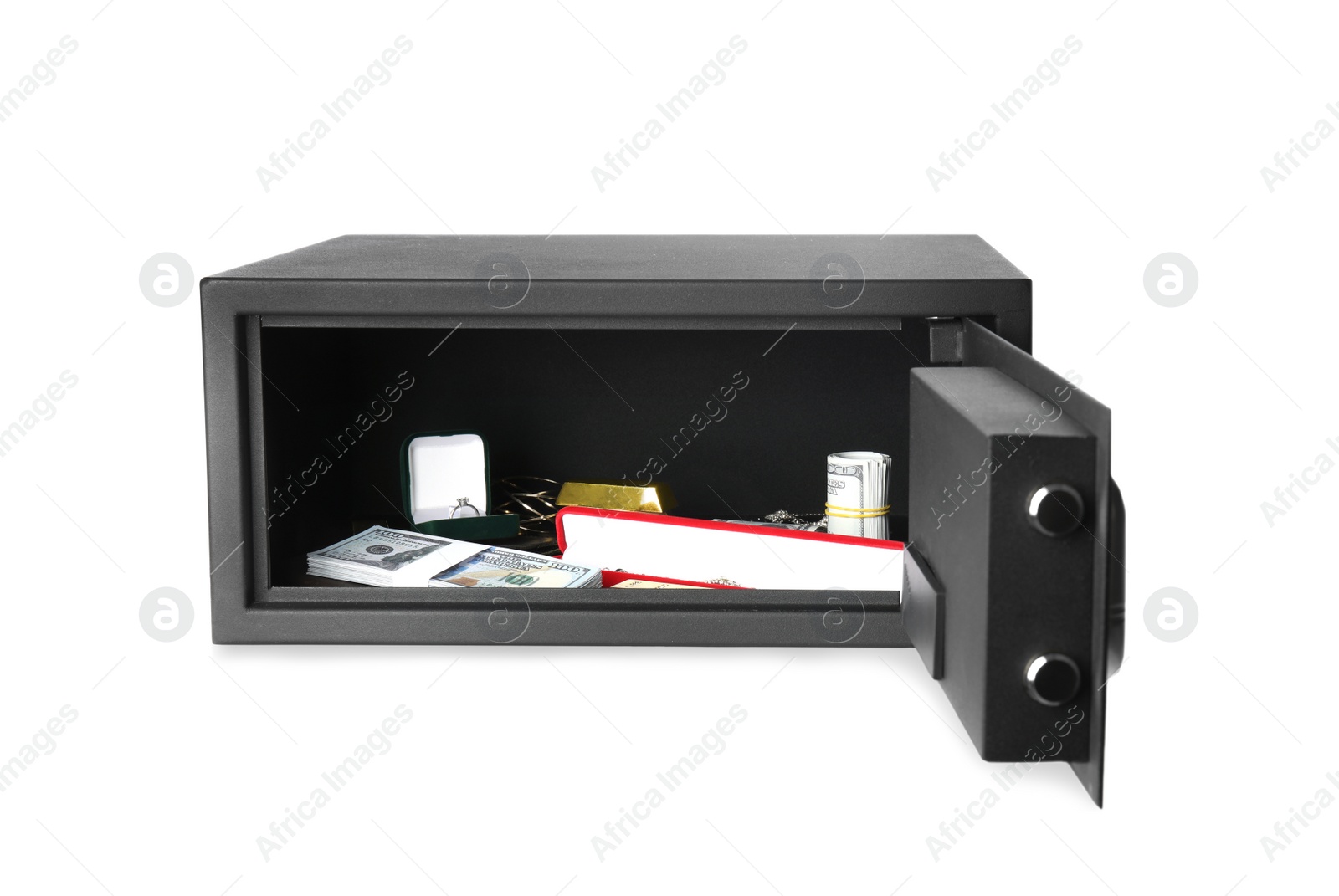Open steel safe with money and jewelry isolated on white Photo of Open steel safe with money and jewelry isolated on white