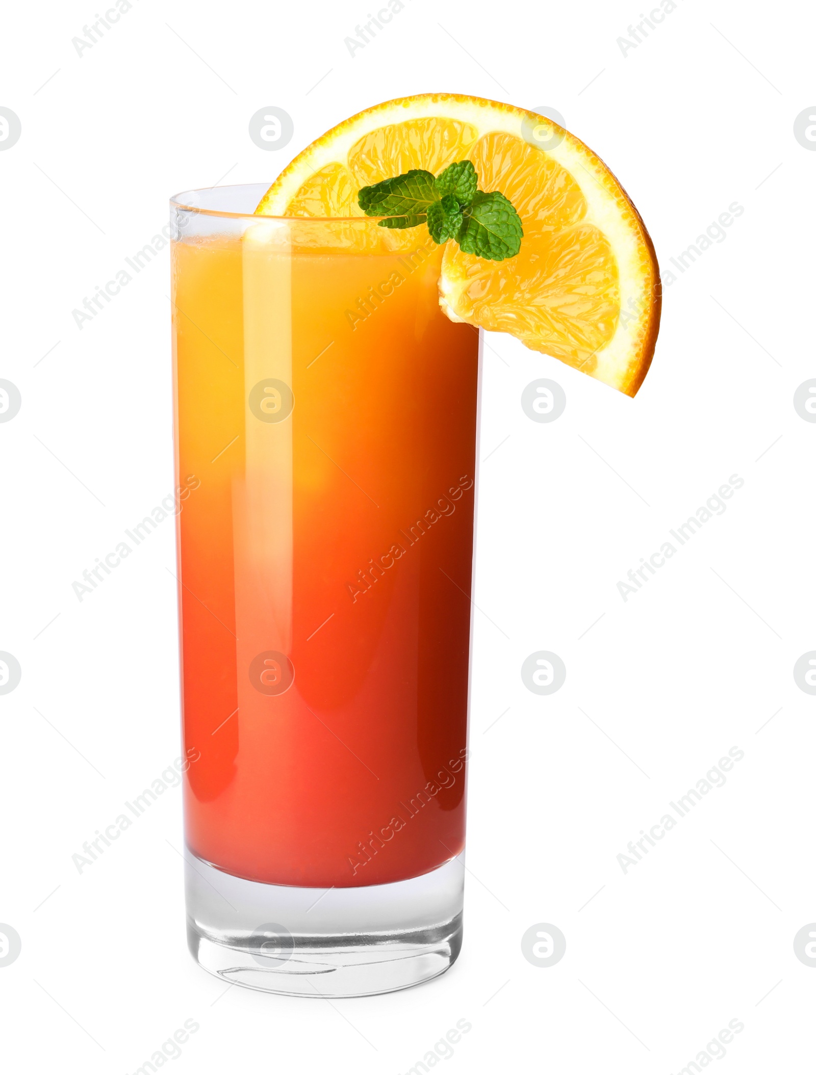 Photo of Fresh alcoholic Tequila Sunrise cocktail isolated on white