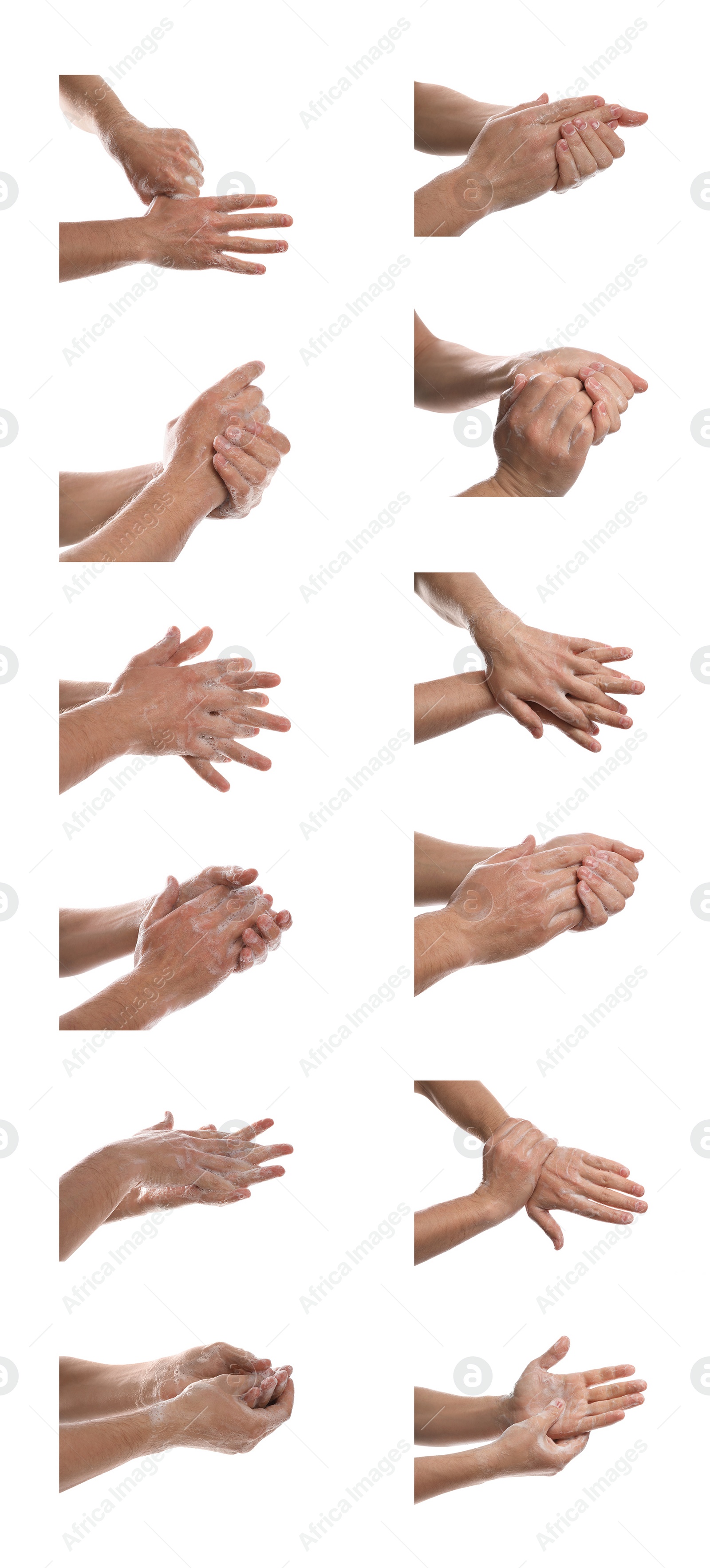 Image of Collage of people washing hands with soap on white background, closeup