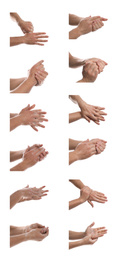 Image of Collage of people washing hands with soap on white background, closeup