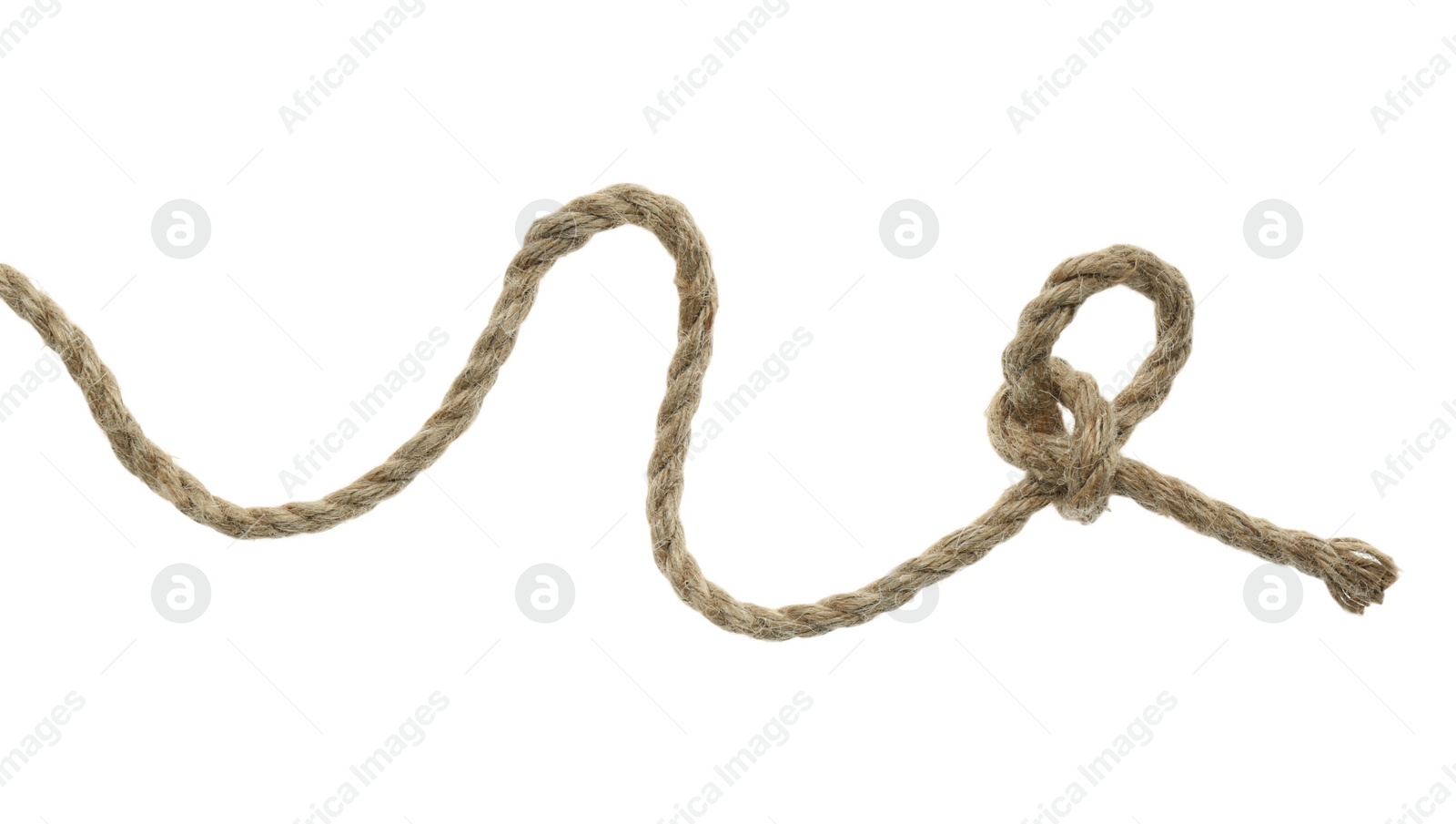 Photo of Hemp rope with knot on white background