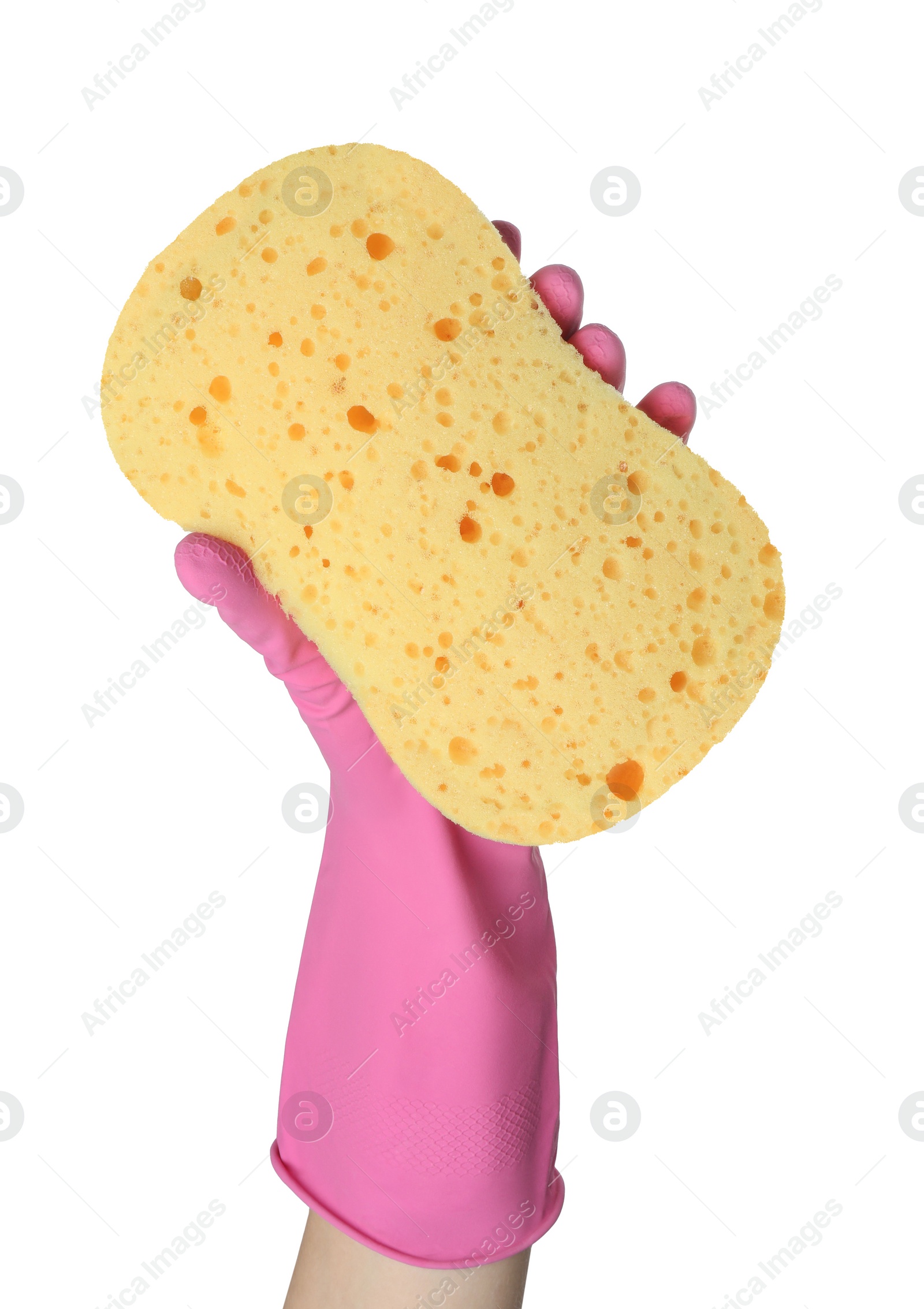 Photo of Cleaner in rubber glove holding new yellow sponge on white background, closeup