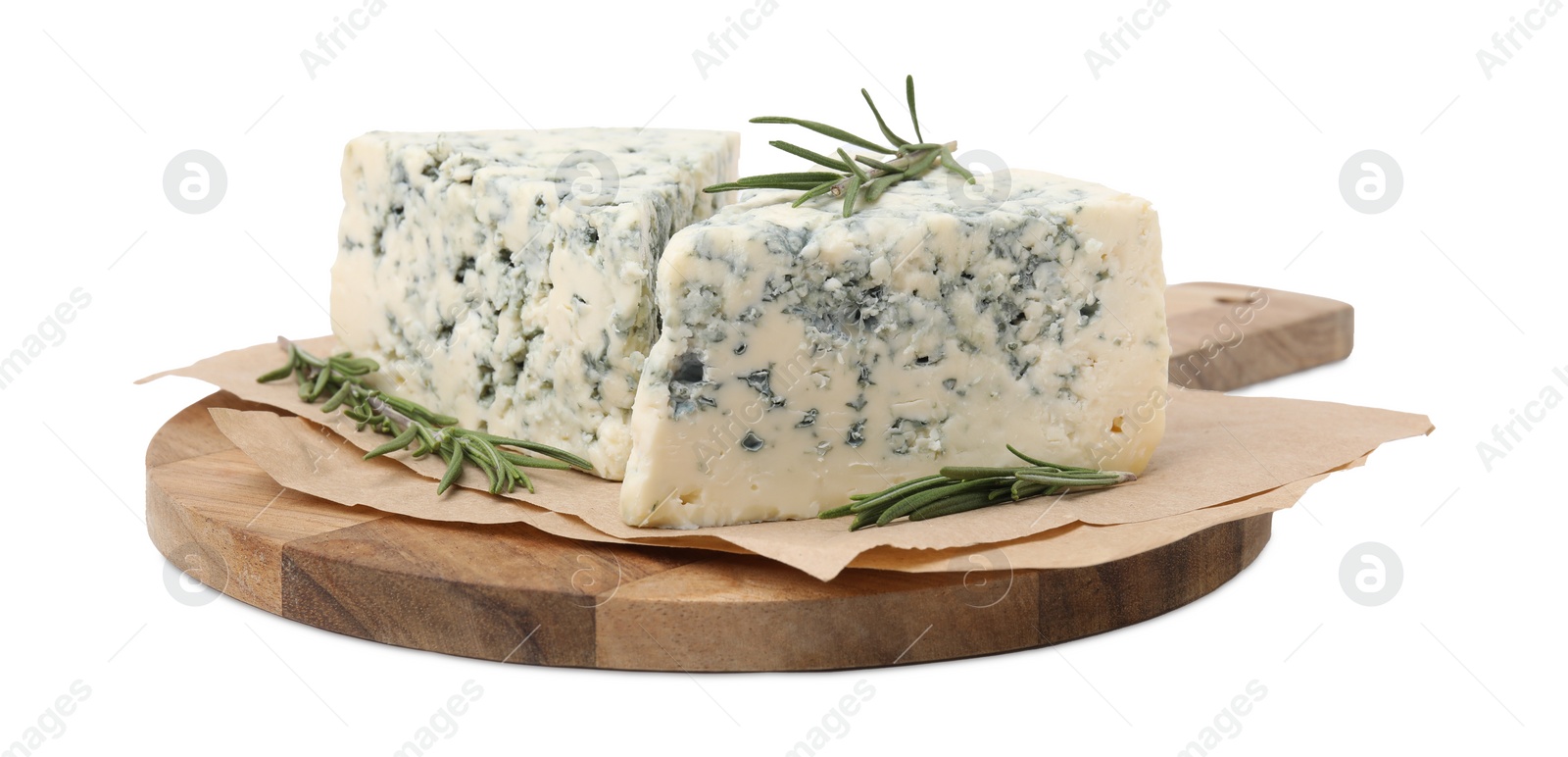 Photo of Tasty blue cheese with rosemary isolated on white