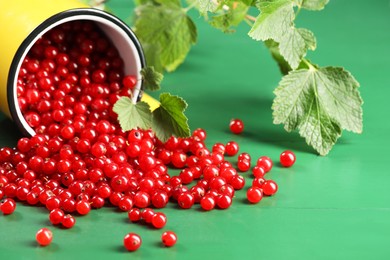 Photo of Many ripe red currants, mug and leaves on green wooden table. Space for text