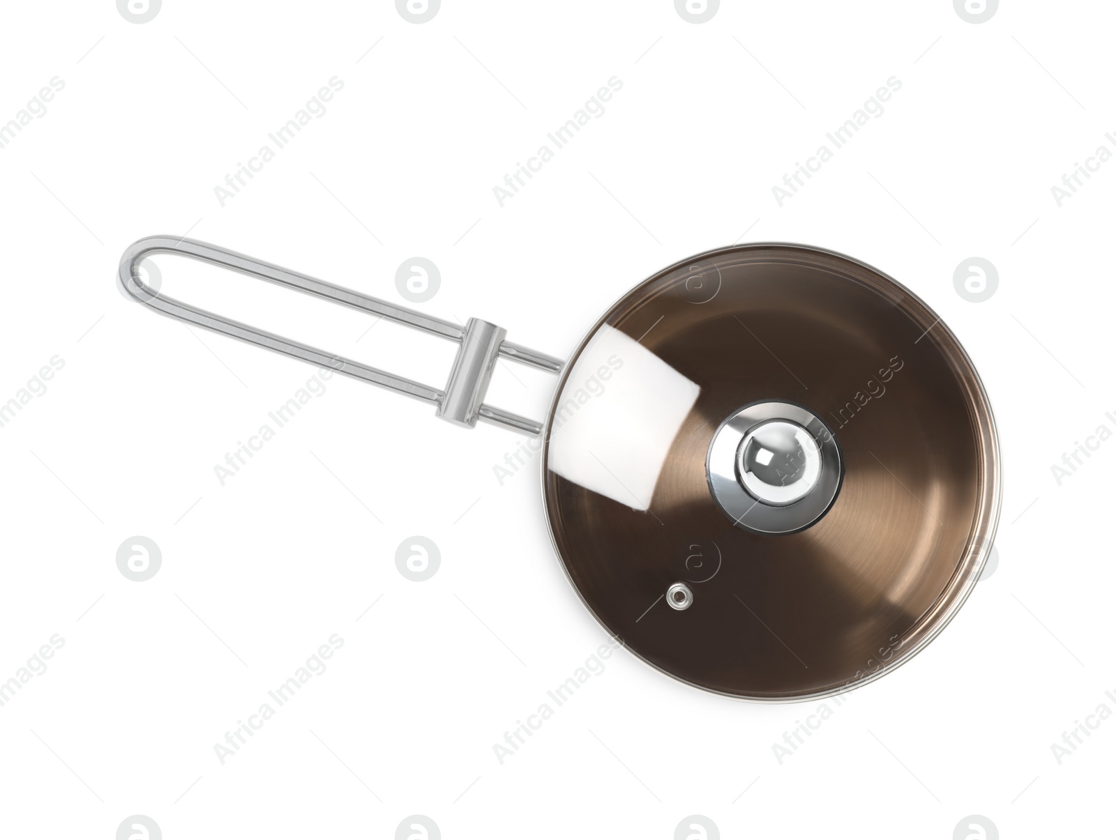 Photo of New shiny saucepan with glass lid isolated on white, top view