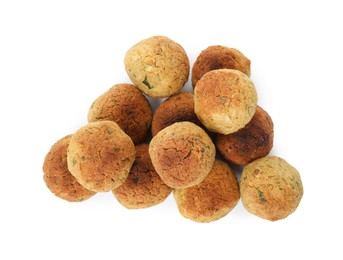 Photo of Pile of delicious falafel balls on white background, top view