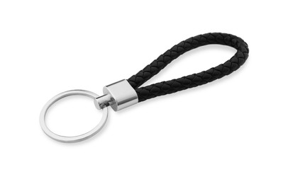 Photo of One black leather keychain isolated on white