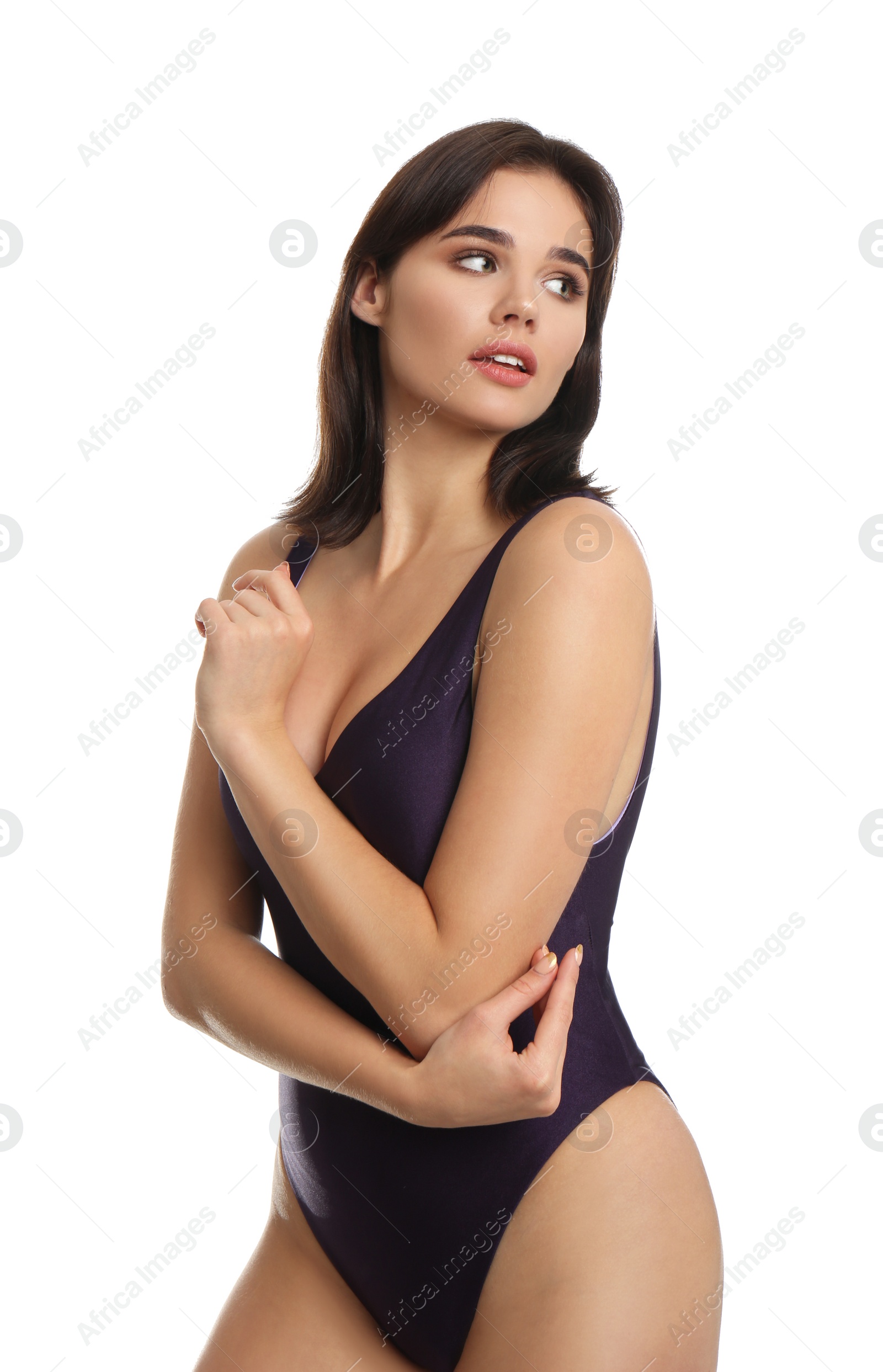 Photo of Beautiful young woman wearing swimsuit on white background