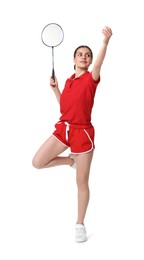 Photo of Young woman playing badminton with racket on white background