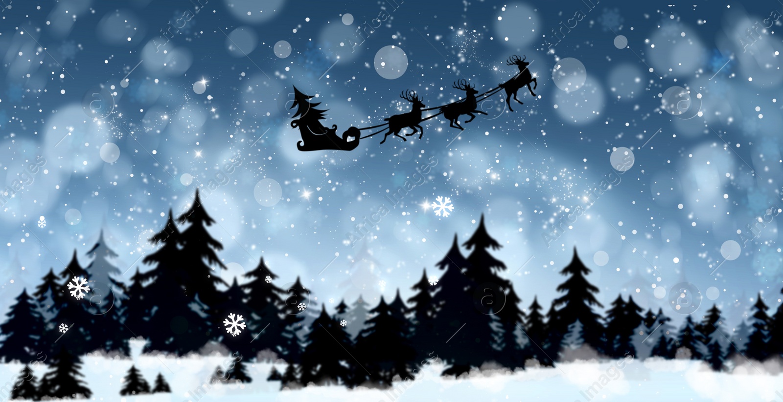 Image of Magic Christmas eve. Reindeers pulling Santa's sleigh in sky on snowy night, banner design