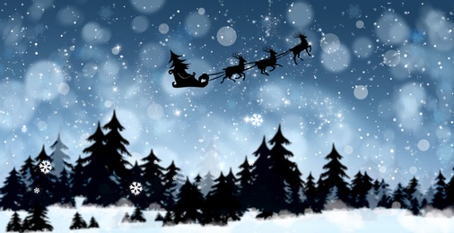 Magic Christmas eve. Reindeers pulling Santa's sleigh in sky on snowy night, banner design