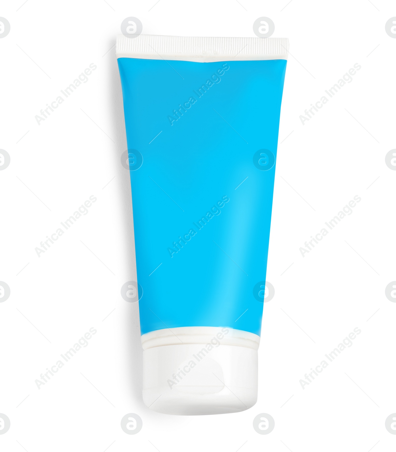 Photo of Tube with sun protection body cream on white background