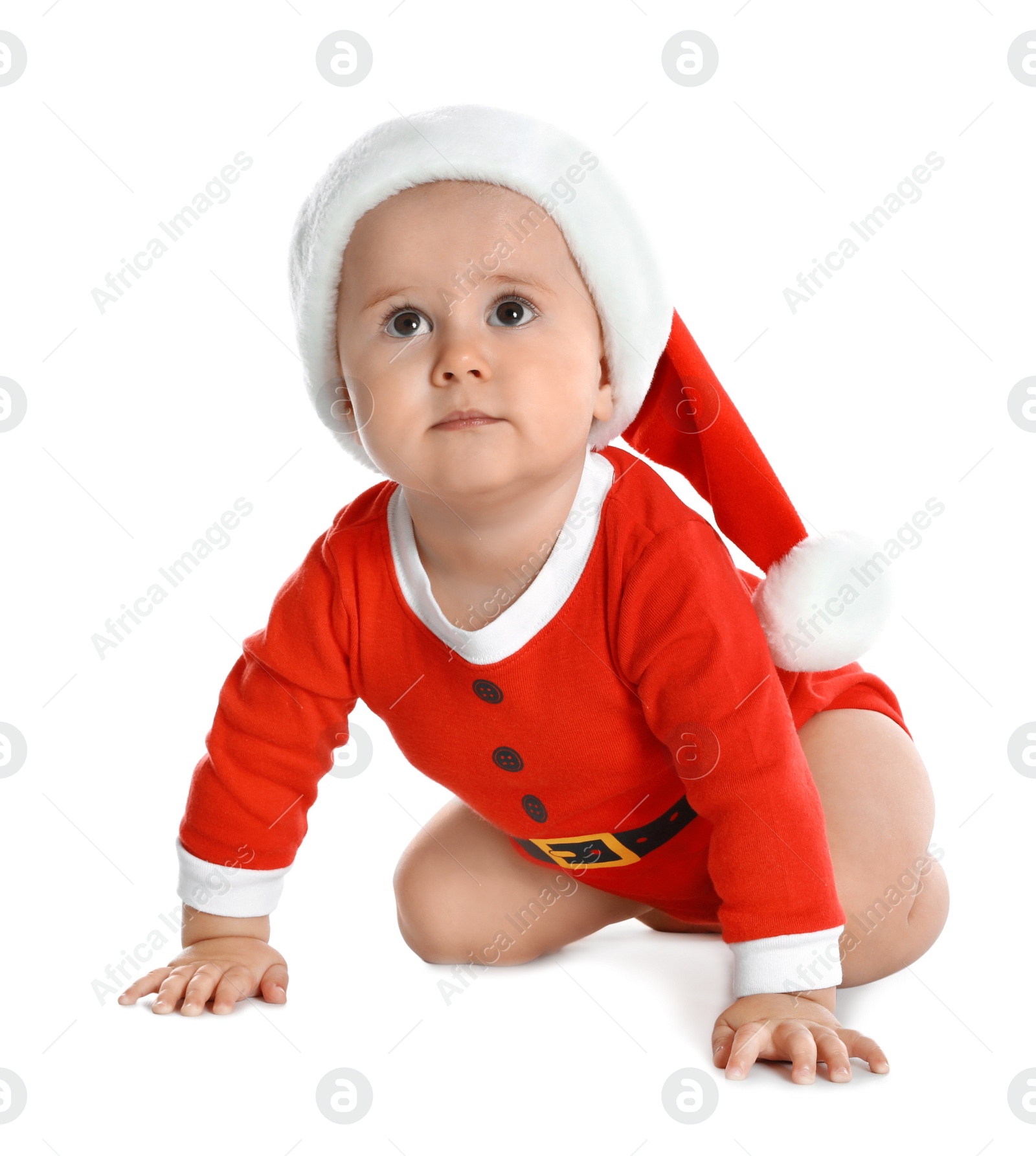 Photo of Cute little baby wearing festive Christmas costume on white background