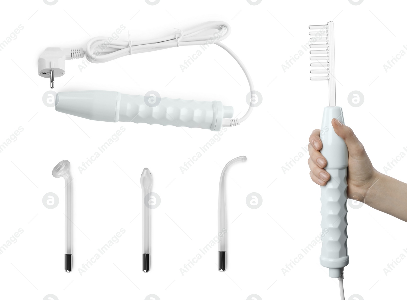Image of Woman with darsonval and different nozzles on white background. Collage